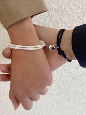 Heart Charm magnetic Double Cord Bracelet - White and Black